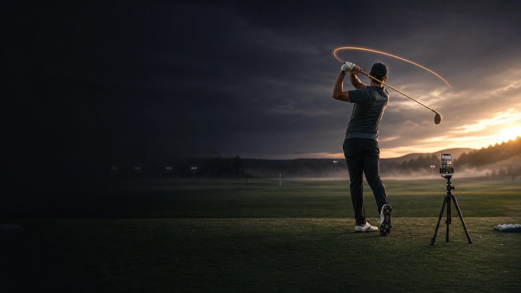 Golfer completing a driver swing beside a phone on a tripod at a dusk driving range